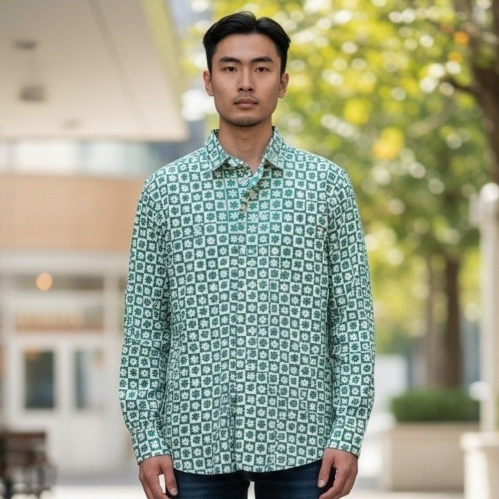 SSLR Mens Green White Checkered Floral Long Sleeve Button Down Shirt Size M